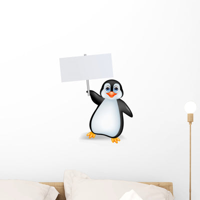Penguin with Blank Sign Wall Decal shown on a wall
