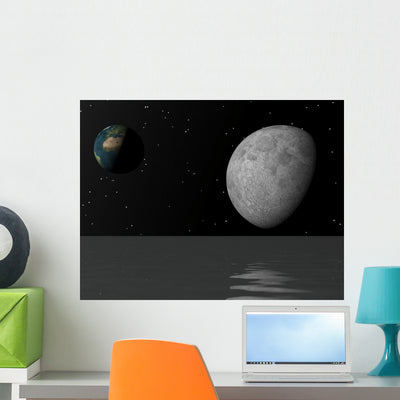 Moon and Earth shown on a wall