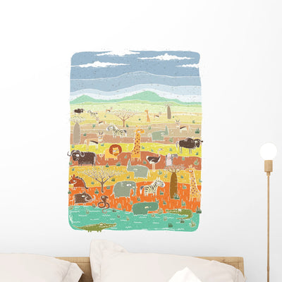 Grunge African Animals Savannah Wall Decal shown on a wall