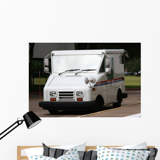 White Mail Truck Delivering Mail Wall Mural