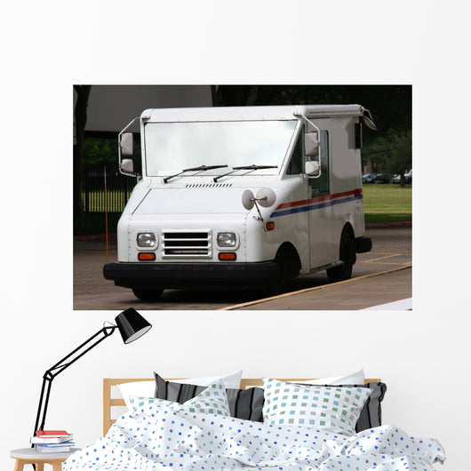 White Mail Truck Delivering Mail Wall Mural