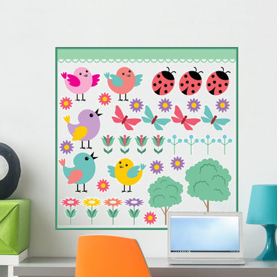 Scrapbook Elements with Birds Wall Stickers shown on a wall