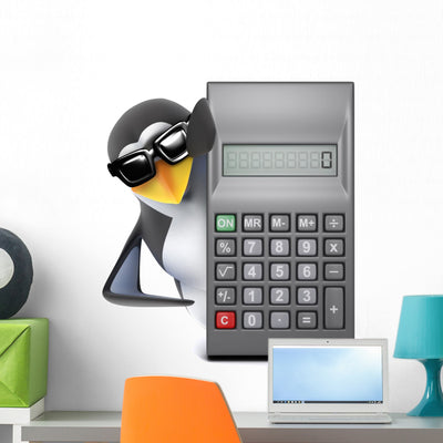 Penguin Sunglasses behind Calculator Wall Decal shown on a wall