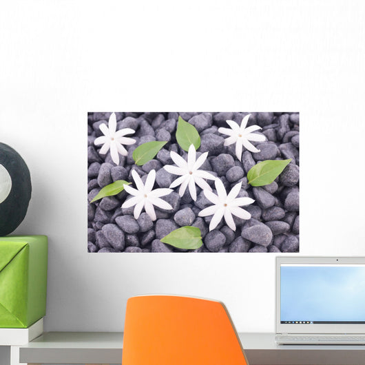 White Jasmine Flowers and Leaves over Zen Stones Background Wall Mural