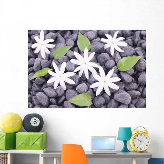 White Jasmine Flowers and Leaves over Zen Stones Background Wall Mural