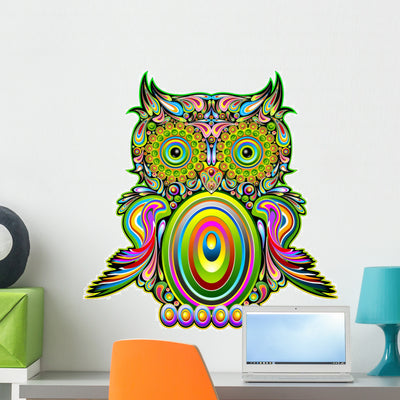Owl Psychedelic Pop Art Wall Decal shown on a wall