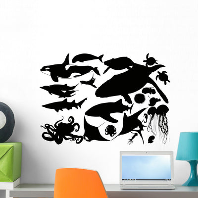 Aquatic Animal Silhouette Collection shown on a wall