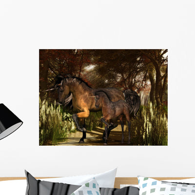 Mother Unicorn and Foal Wall Mural shown on a wall