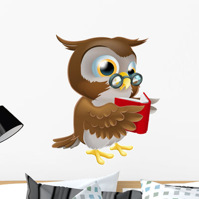 Cartoon Owl Reading Book Wall Decal shown on a wall