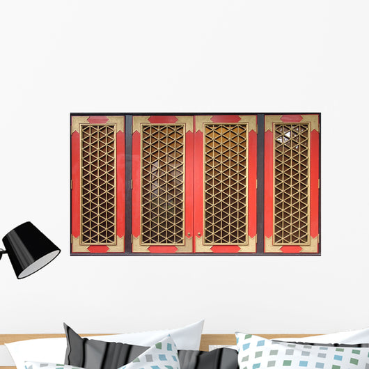 Traditional Chinese red wooden windows with golden grids. Wall Mural