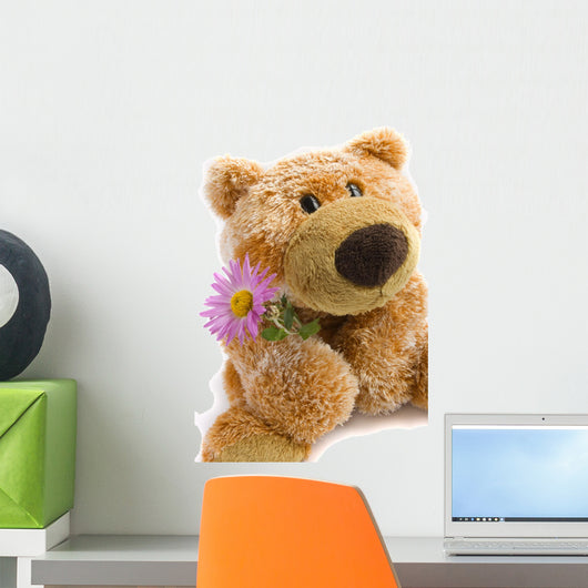 Soft Toy the Bear  with a Flower on a White Background Wall Decal