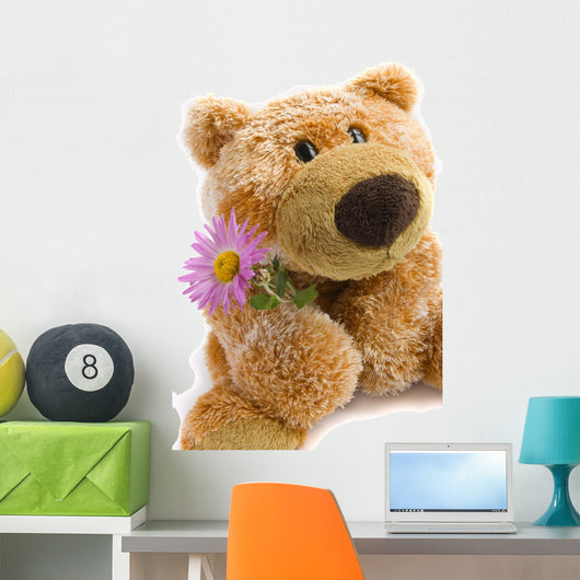 Soft Toy the Bear  with a Flower on a White Background Wall Decal