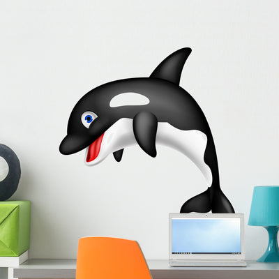 Orca Cartoon Wall Decal shown on a wall