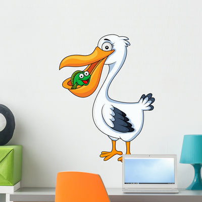 Pelican Cartoon Eating Fish Wall Decal shown on a wall