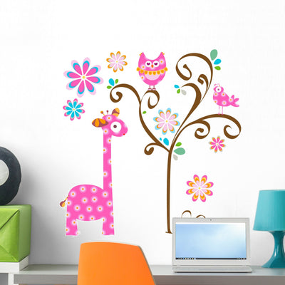 Owl and Giraffe Wall Mural shown on a wall