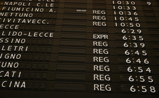 Train schedule board with departure times Wall Mural