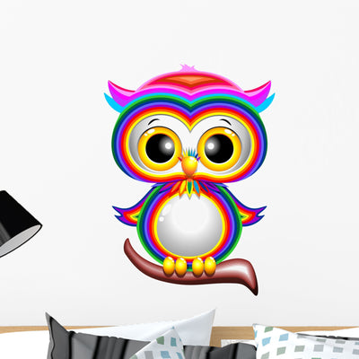 Rainbow Baby Owl Cartoon Wall Decal shown on a wall