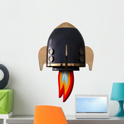Blue Rocket Spaceship Wall Decal shown on a wall