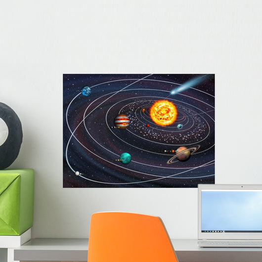 Sticker 9 planets of the Solar System, asteroid belt and spiral galaxy. 