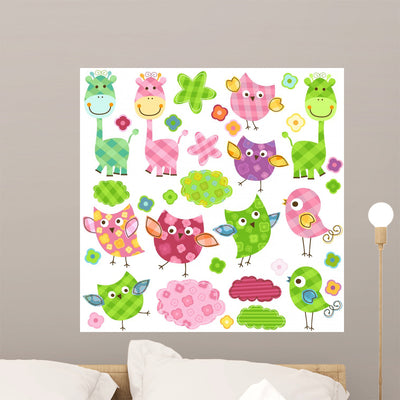 Cute Birds Giraffes shown on a wall