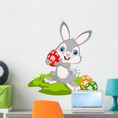 Cartoon Easter Bunny and Eggs Wall Decal shown on a wall
