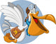 Cartoon pelican with an open big beak flying carrying a bag Wall Decal