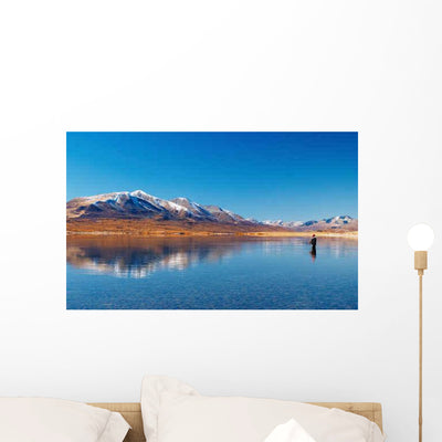 Fishing Mountain Lake Wall Decal shown on a wall