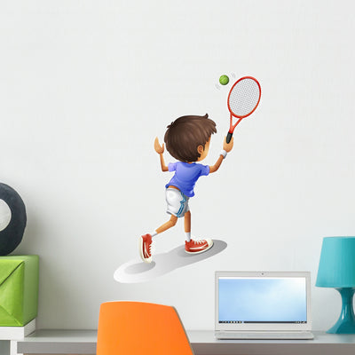 Kid Playing Tennis Wall Mural shown on a wall