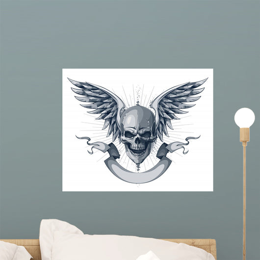 Skull With Wings and Ribbon Wall Decal