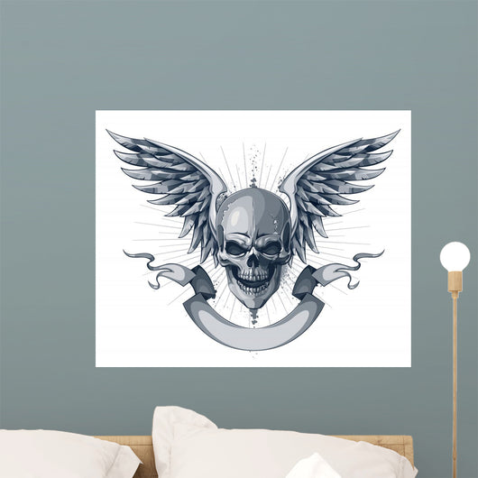 Skull With Wings and Ribbon Wall Decal