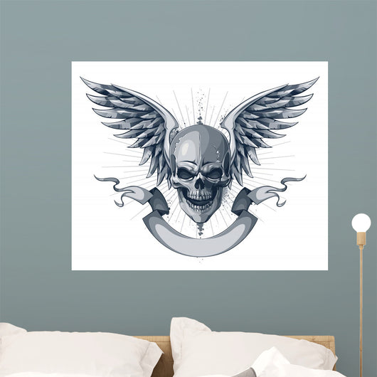 Skull With Wings and Ribbon Wall Decal