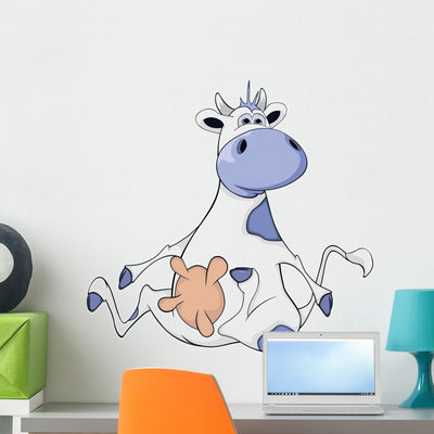 Blue Cow Cartoon Wall Decal shown on a wall