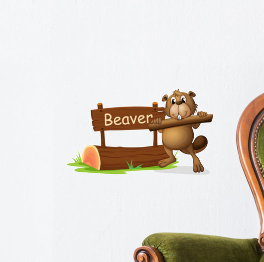 A Beaver Beside the Wooden Signboard Wall Decal