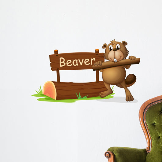 A Beaver Beside the Wooden Signboard Wall Decal