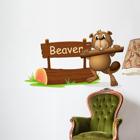 A Beaver Beside the Wooden Signboard Wall Decal