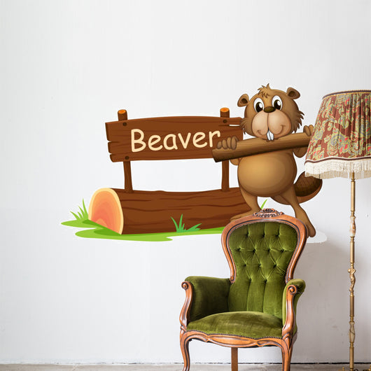 A Beaver Beside the Wooden Signboard Wall Decal