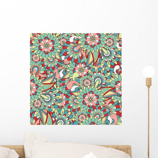 Seamless Green and Red Paisley Pattern Wall Decal