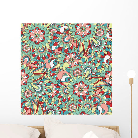 Seamless Green and Red Paisley Pattern Wall Decal