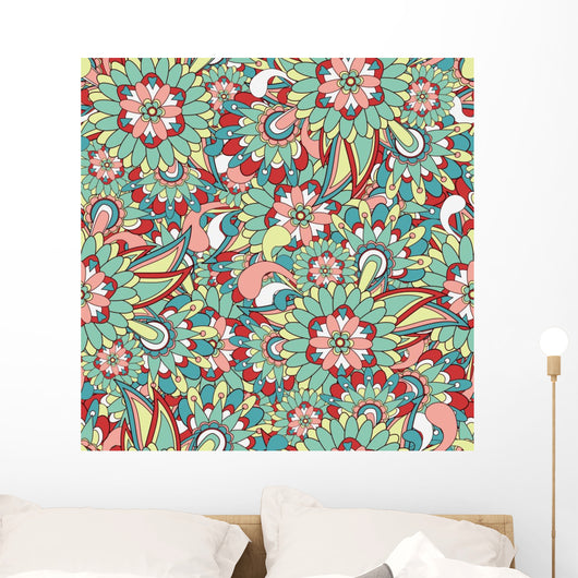 Seamless Green and Red Paisley Pattern Wall Decal