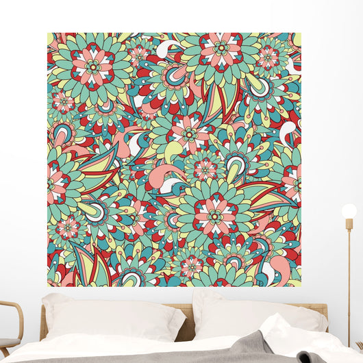 Seamless Green and Red Paisley Pattern Wall Decal