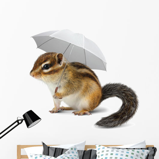 Funny chipmunk with umbrella on white Wall Decal