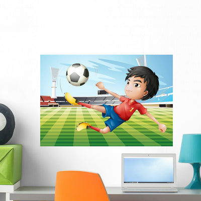 Boy Playing Soccer Soccer shown on a wall