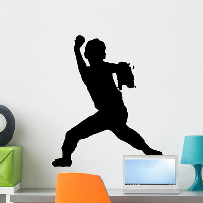 Baseball Boy Silhouette Wall Decal shown on a wall