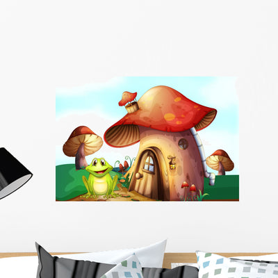 Green Frog near Mushroom shown on a wall