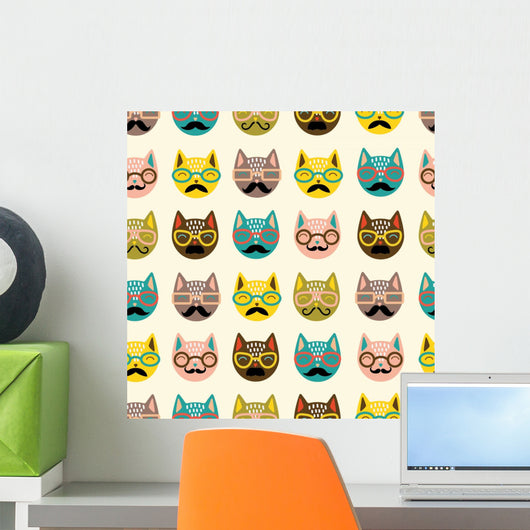 Seamless Hipster Mustache Cats Wall Decal
