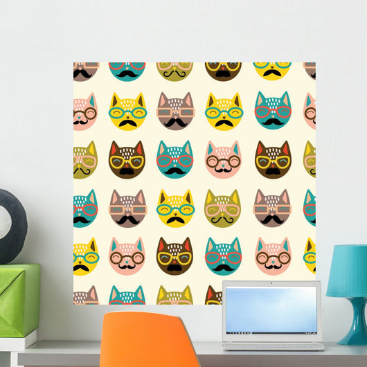 Seamless Hipster Mustache Cats Wall Decal