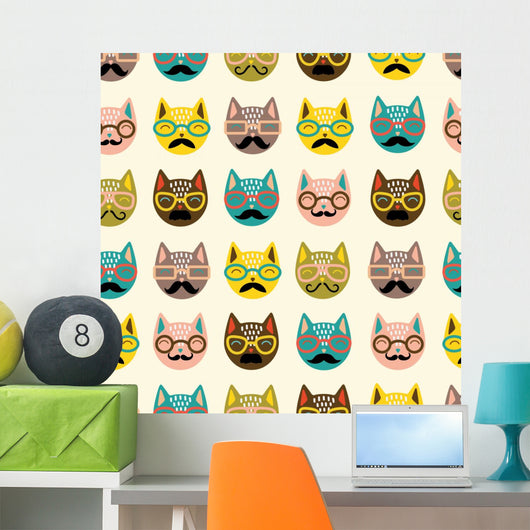 Seamless Hipster Mustache Cats Wall Decal