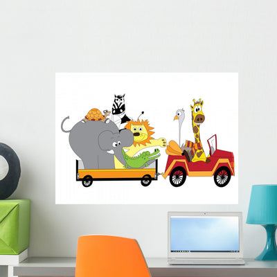 Car with Happy Animals Wall Mural shown on a wall