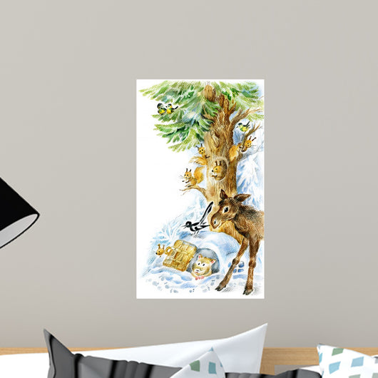 Animals under Fir Tree Wall Mural