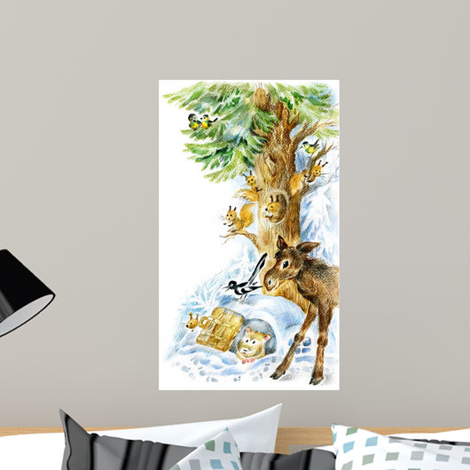 Animals under Fir Tree Wall Mural